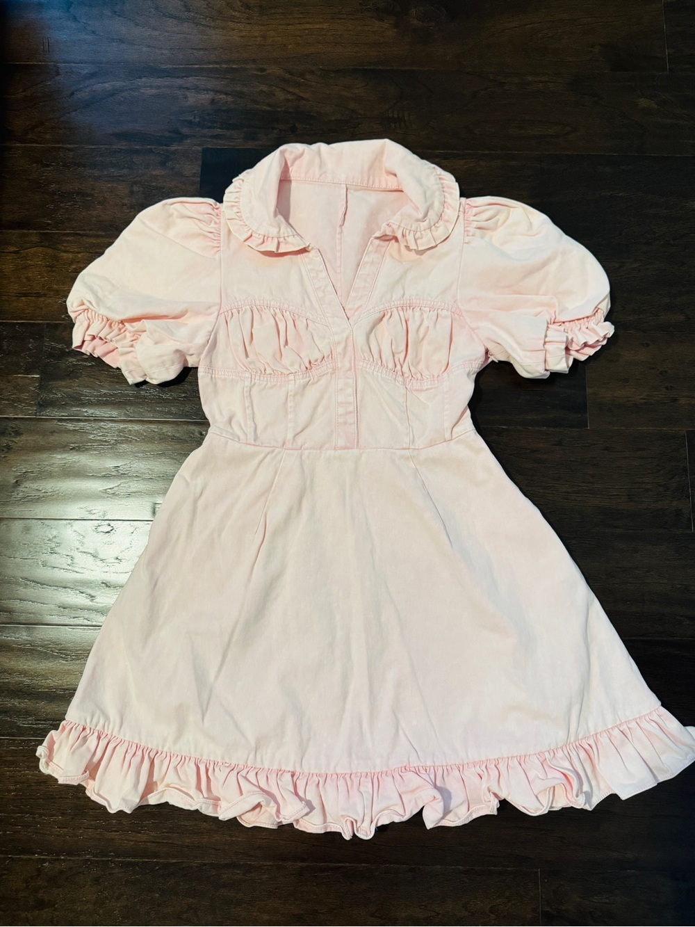 Baby Pink Ruffle Denim Mini Dress with Puff Sleeves